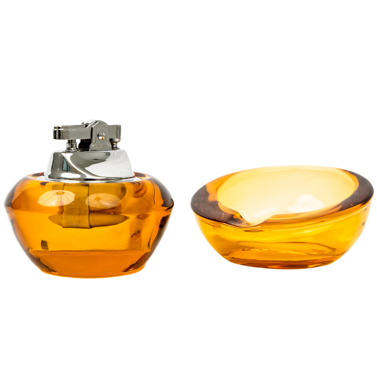 Vintage Viking Glass Horseshoe Slant Ashtray & Table Lighter Set - Amber