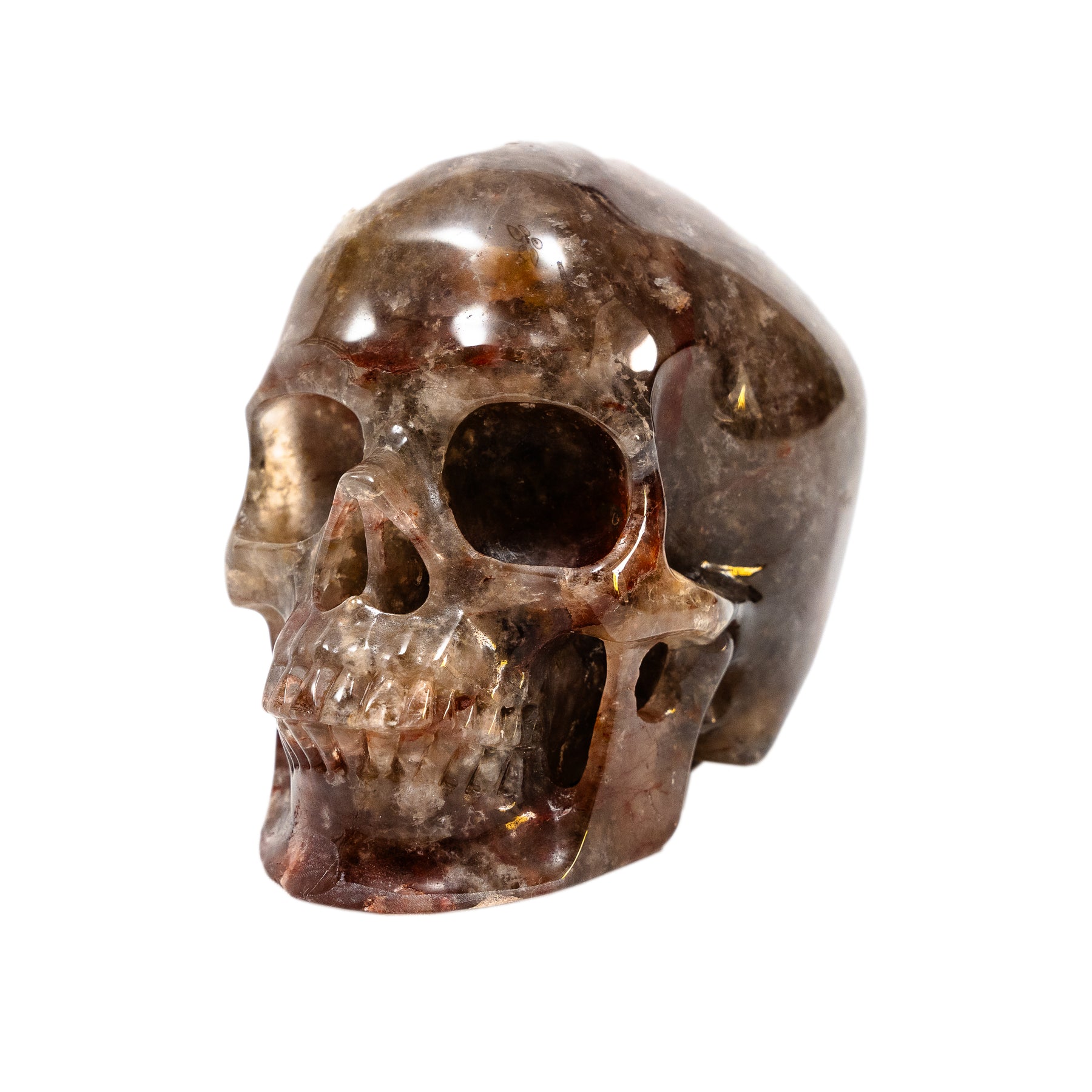 Hematite Fire Quartz Crystal Skull - Large Hand Carved 5" Reiki Chakra Healing Crystal Skull Stone