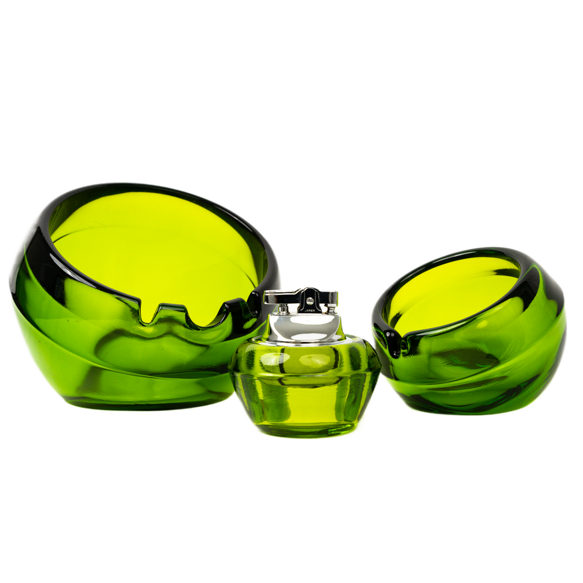 Vintage Viking Glass Orb Ashtray & Table Lighter Set - Avocado Green