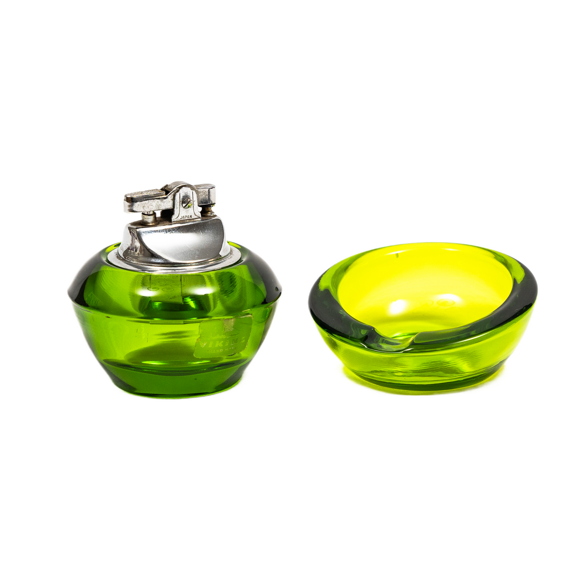 Vintage Viking Glass Horseshoe Slant Ashtray & Table Lighter Set - Avocado Green
