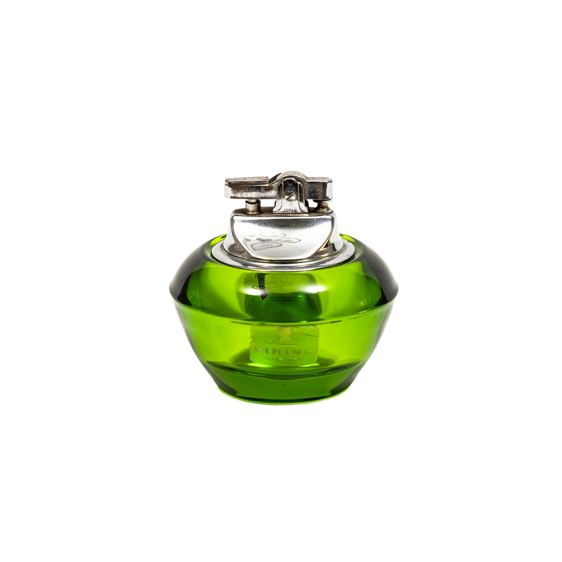 Vintage Viking Glass Horseshoe Slant Ashtray & Table Lighter Set - Avocado Green