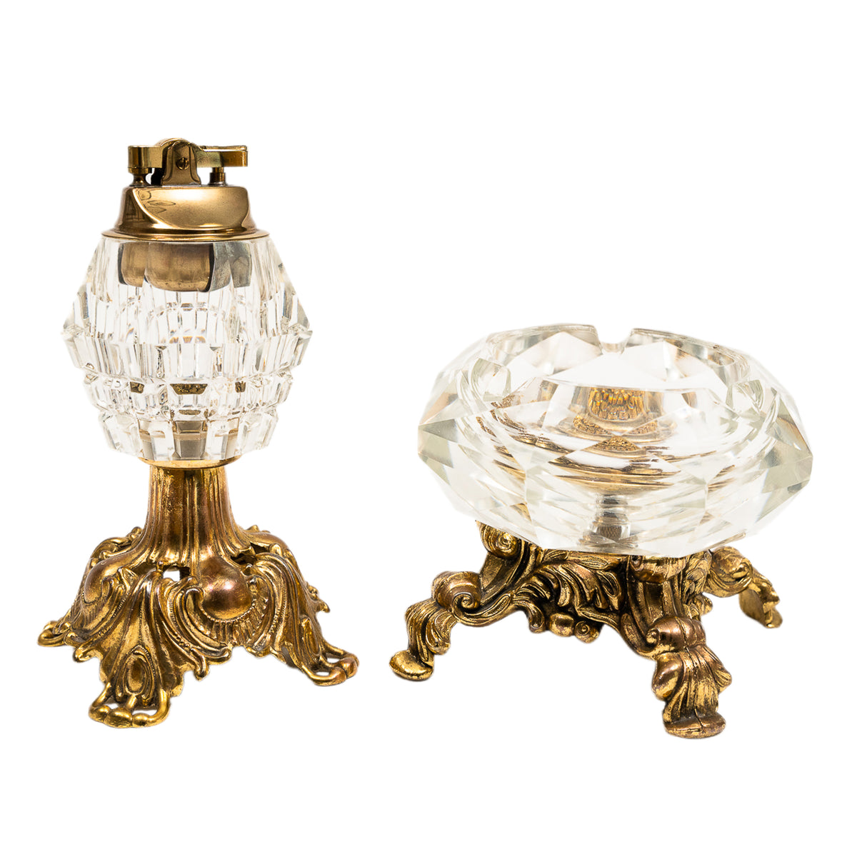 Vintage Art Deco Brass & Crystal Table Lighter & Ashtray Set
