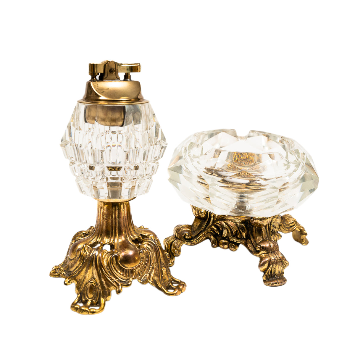 Vintage Art Deco Brass & Crystal Table Lighter & Ashtray Set