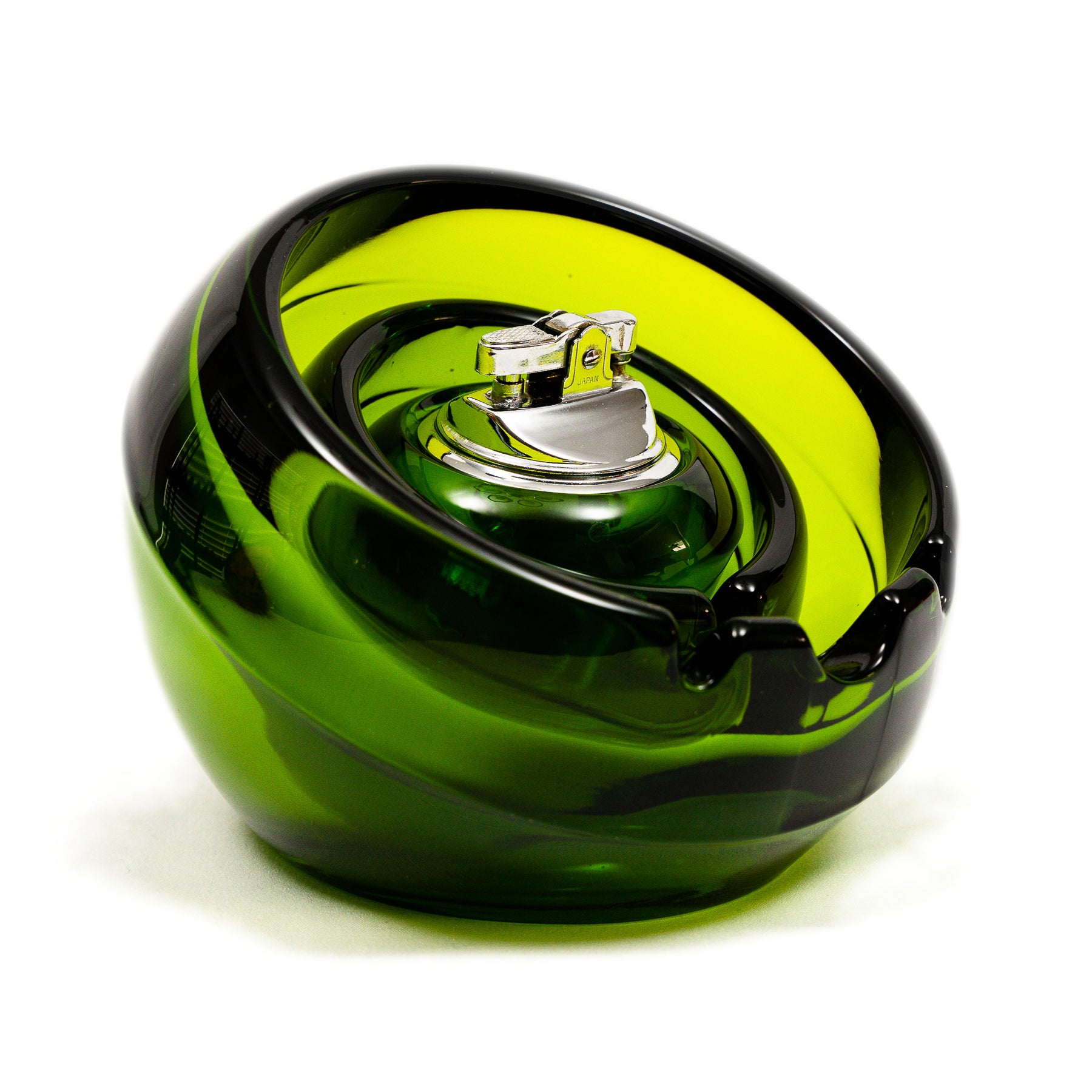 Vintage Viking Glass Orb Ashtray & Table Lighter Set - Avocado Green