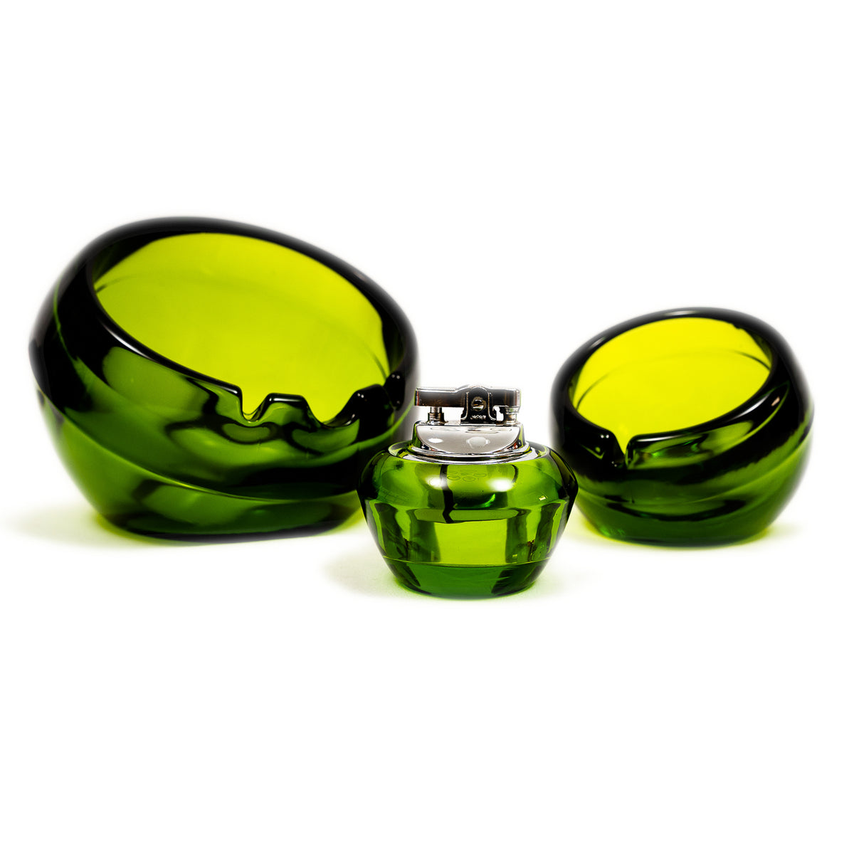 Vintage Viking Glass Orb Ashtray & Table Lighter Set - Avocado Green