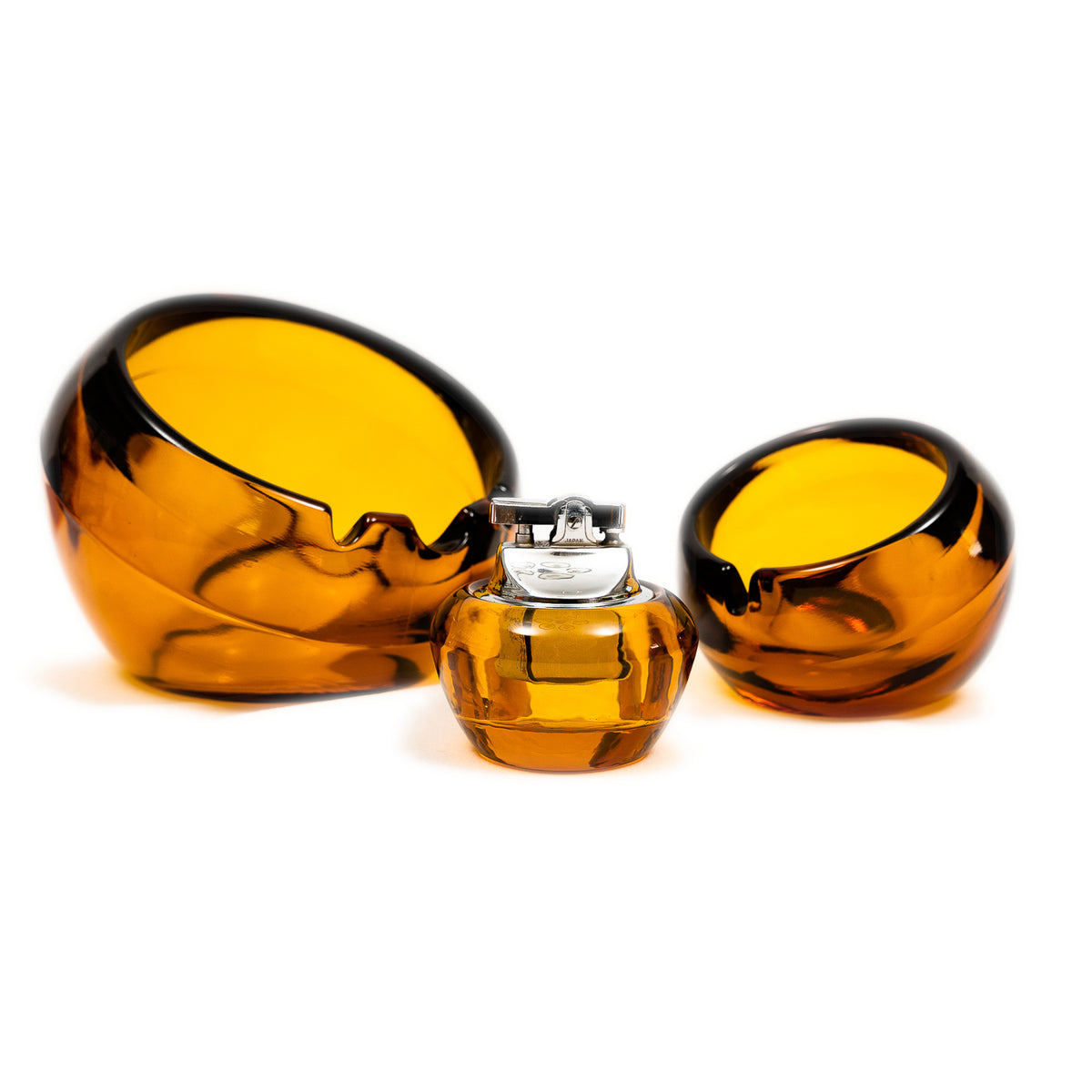 Vintage Viking Glass Orb Ashtray & Table Lighter Set - Amber