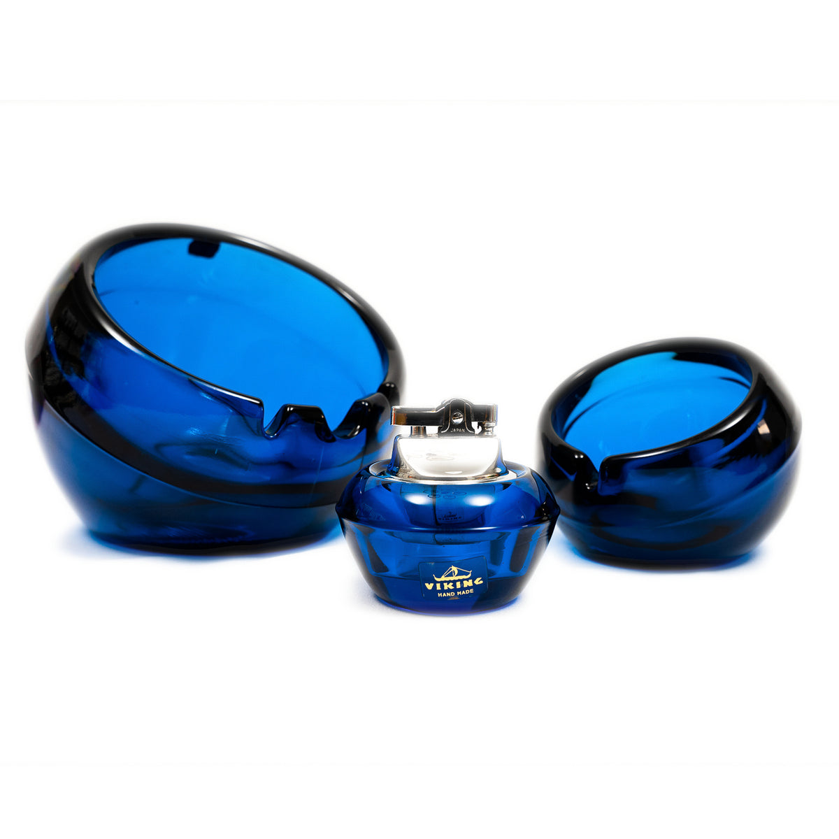 Vintage Viking Glass Orb Ashtray & Table Lighter Set - Bluenique