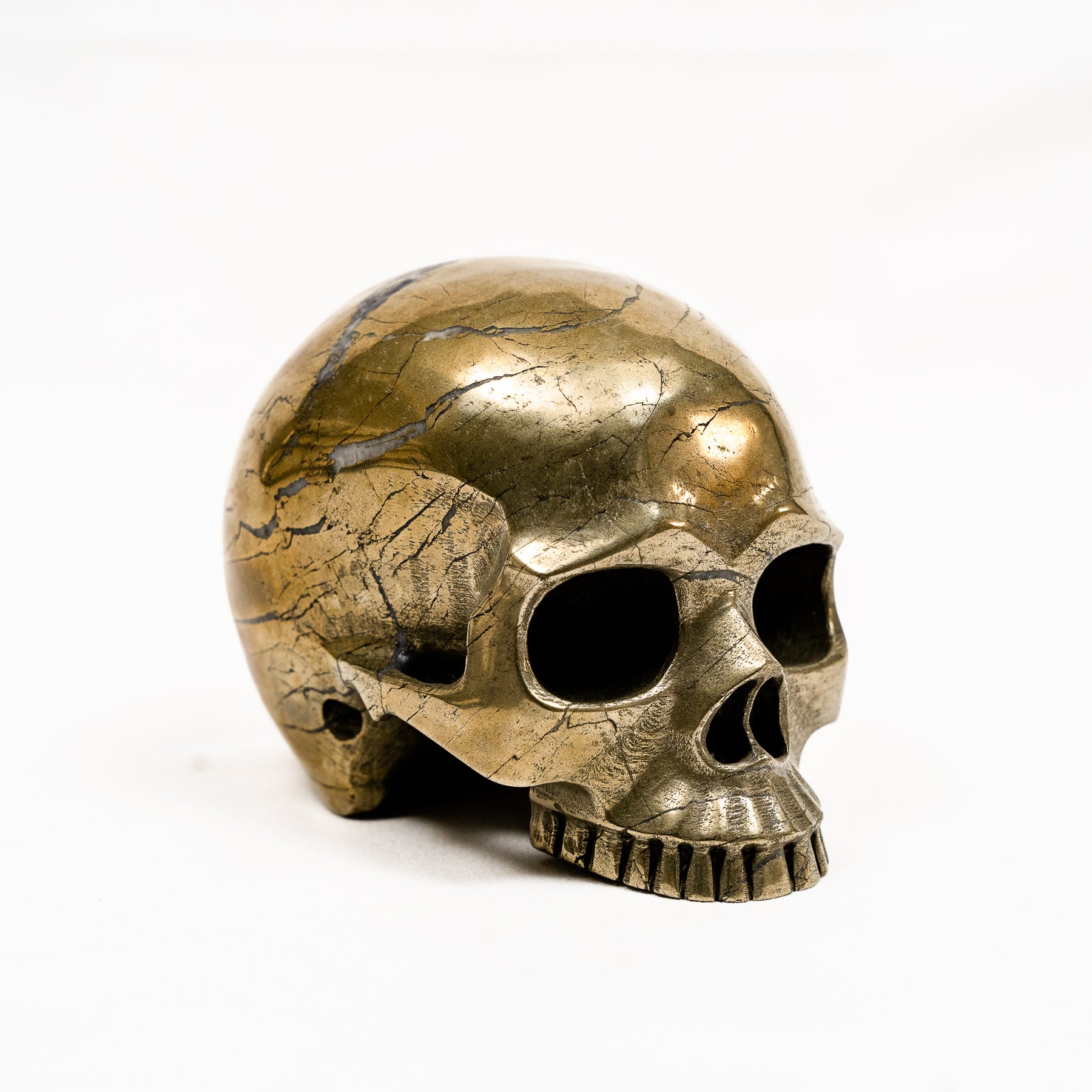 Gold Iron Pyrite Skull Hand Carved 5" Large Jawless Crystal Skull