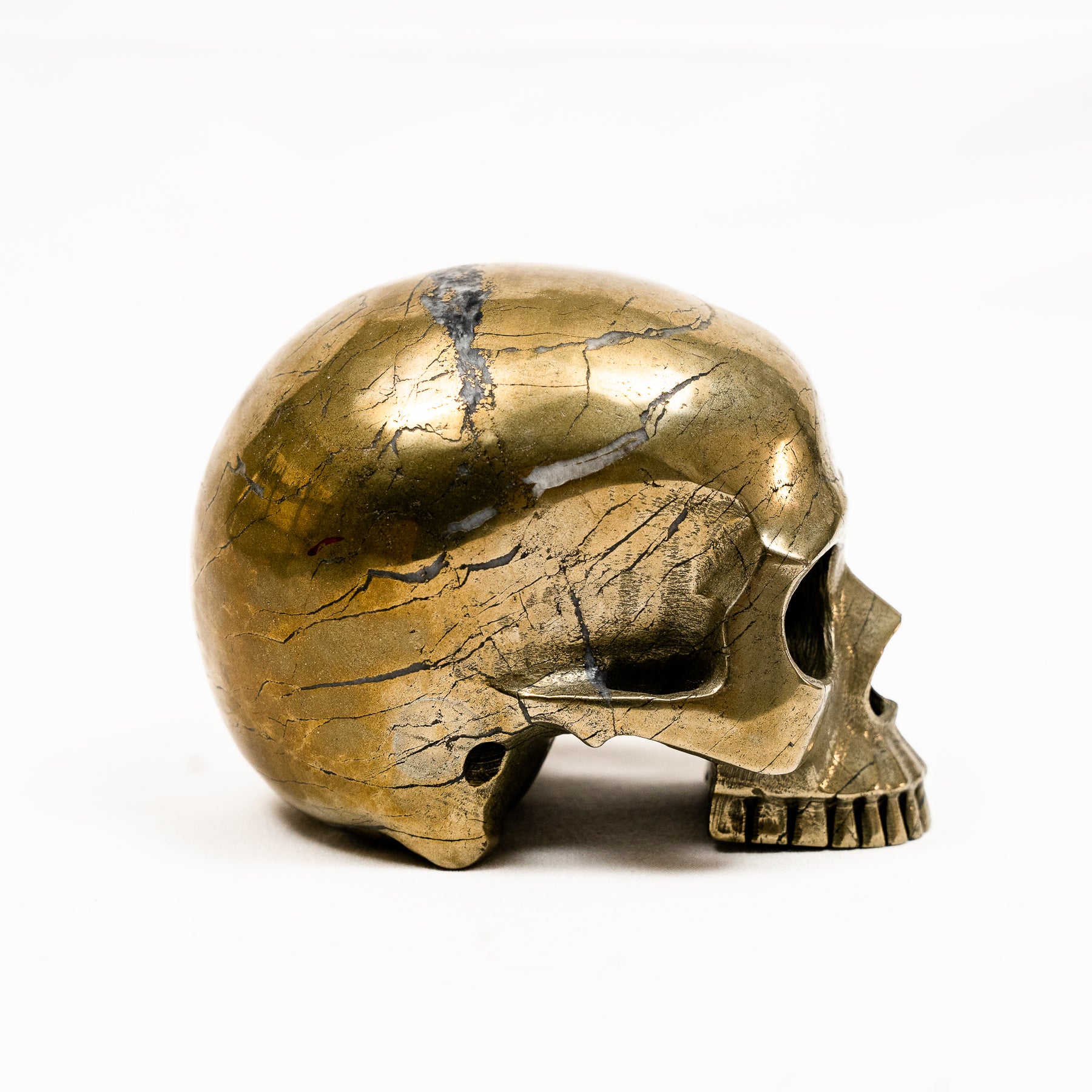 Gold Iron Pyrite Skull Hand Carved 5" Large Jawless Crystal Skull