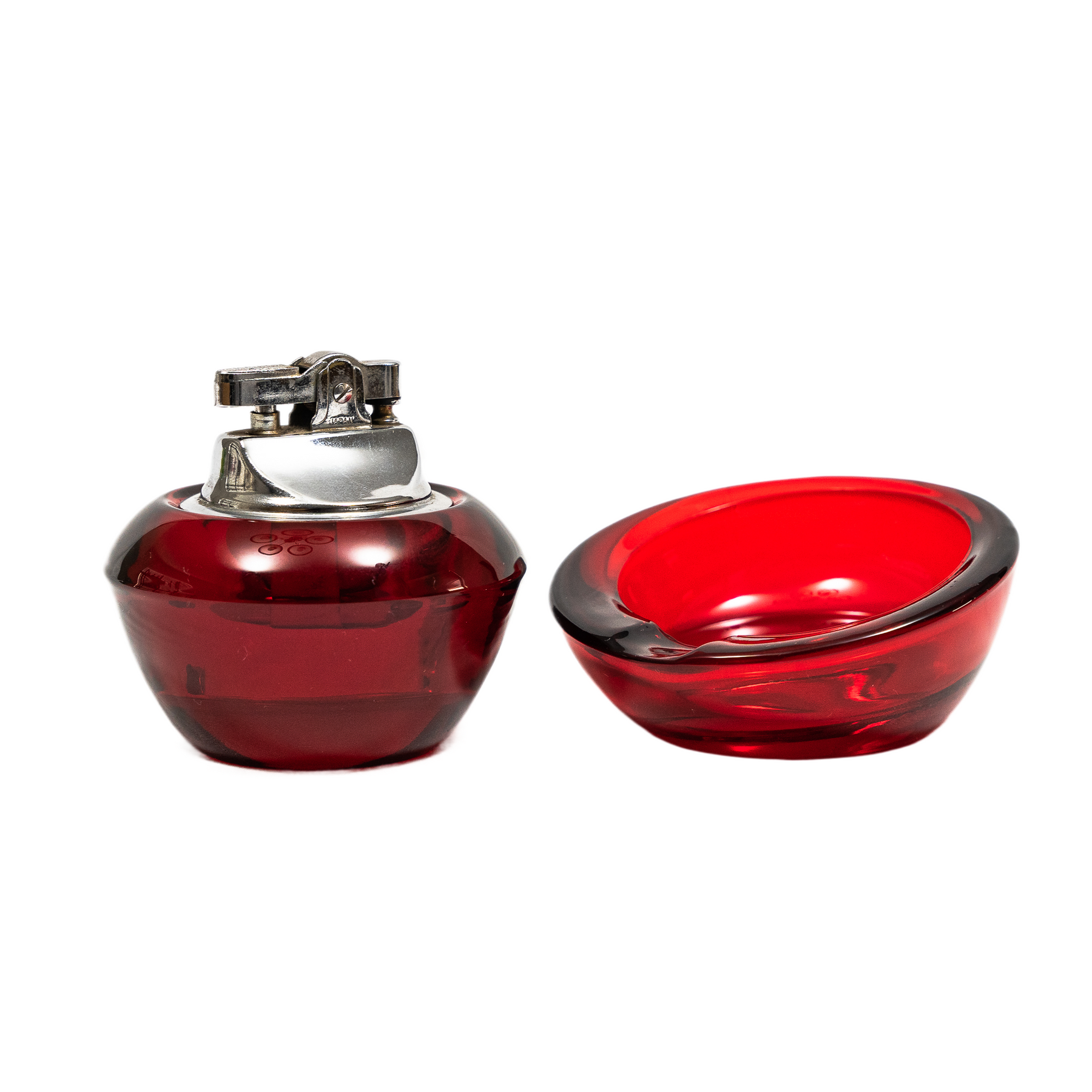 Vintage Viking Glass Horseshoe Slant Ashtray & Table Lighter Set - Ruby Red