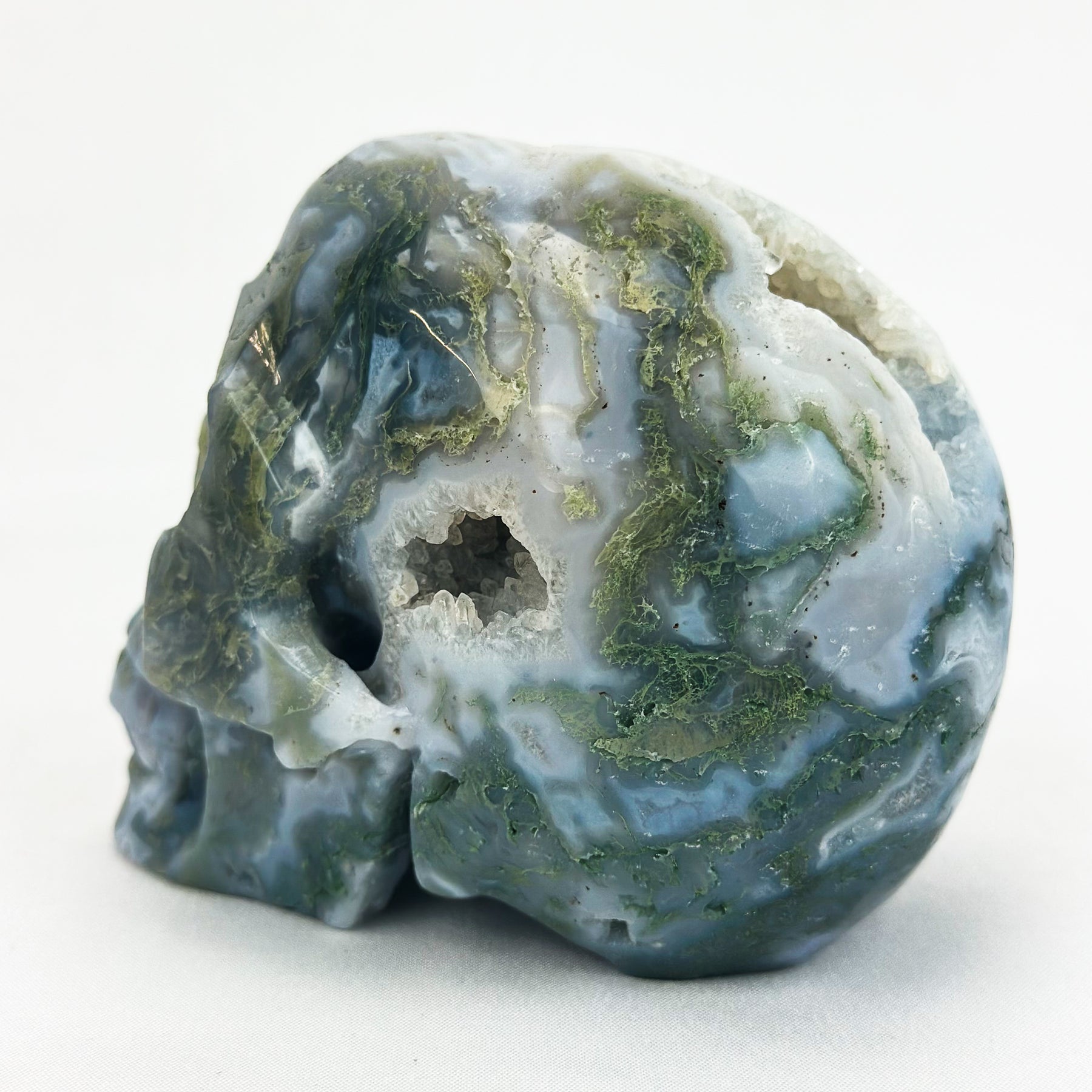 Druzy Moss Agate 4.5" Crystal Skull - RARE