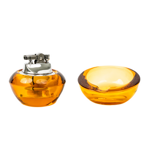 Vintage Viking Glass Horseshoe Slant Ashtray & Table Lighter Set - Amber