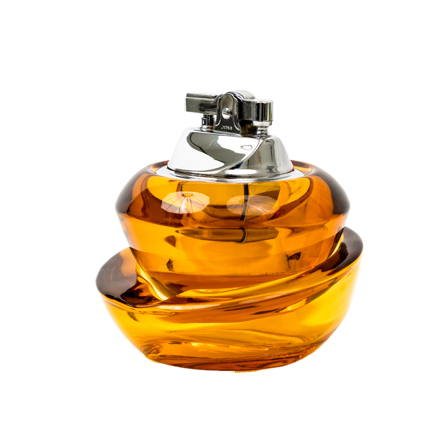 Vintage Viking Glass Horseshoe Slant Ashtray & Table Lighter Set - Amber