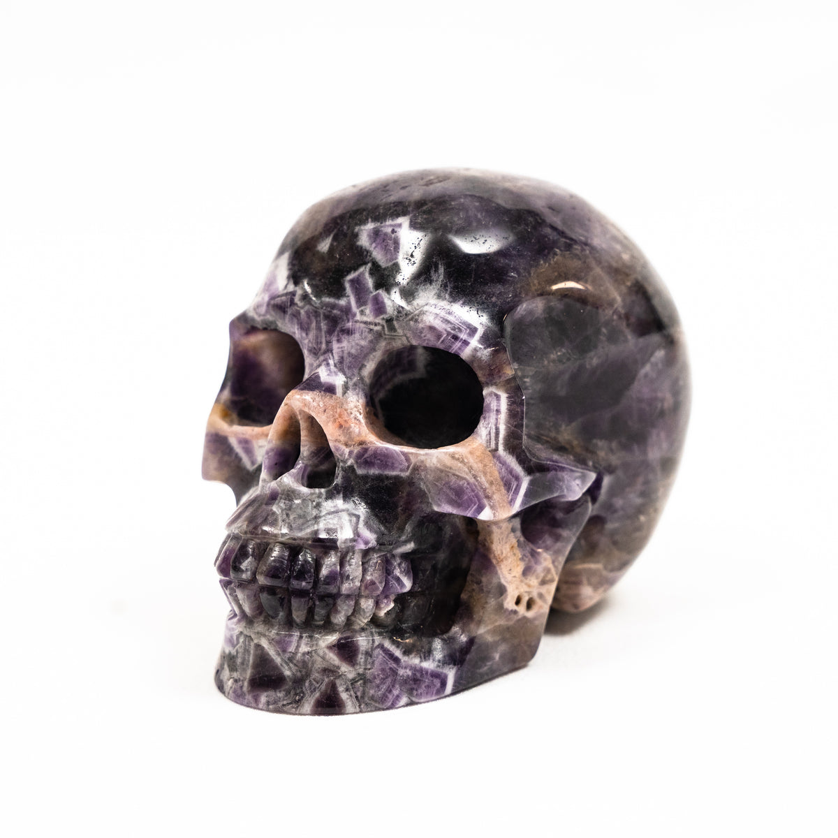Chevron Amethyst Crystal Skull - Hand  Carved 4" Large Crystal Skull
