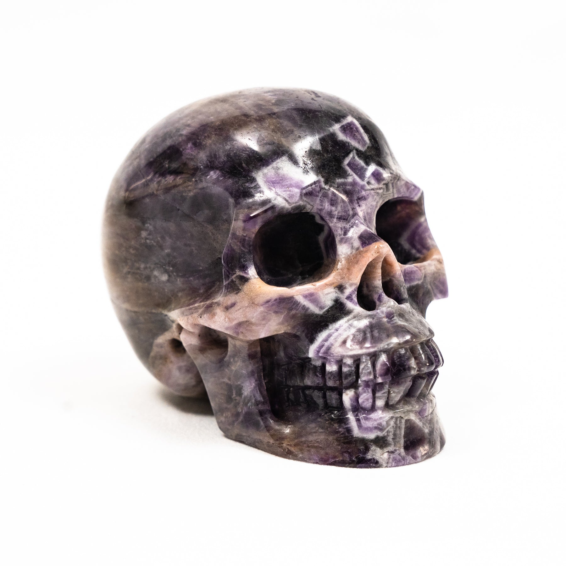 Chevron Amethyst Crystal Skull - Hand  Carved 4" Large Crystal Skull
