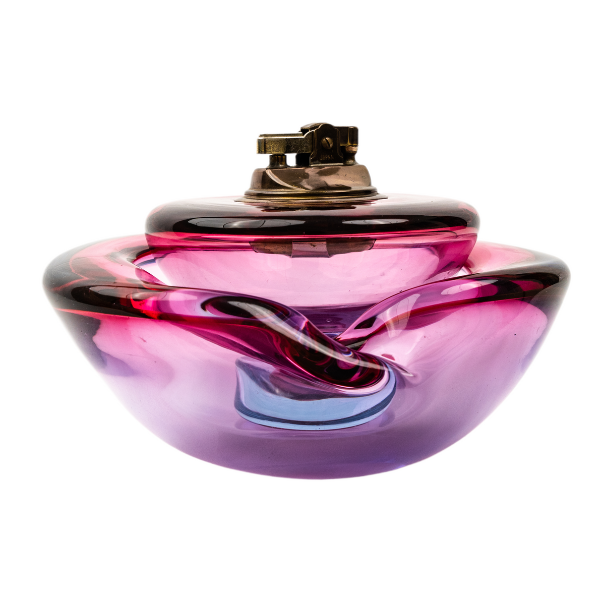 Vintage Alfredo Barbini Murano Glass Alexandrite Ashtray & Pedestal Table Lighter Set - Ruby Blue