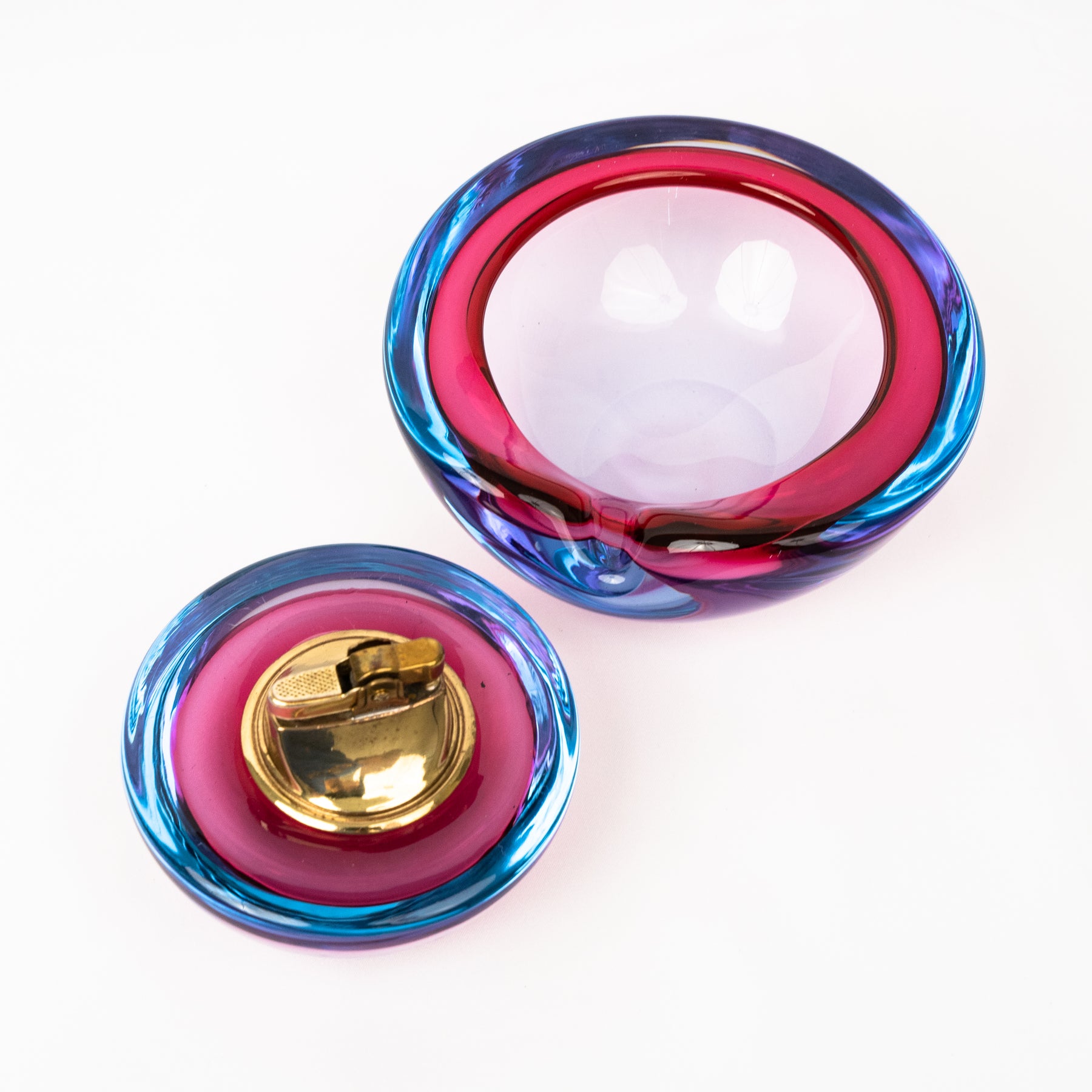 Vintage Alfredo Barbini Murano Glass Alexandrite Ashtray & Table Lighter Set - Ruby Blue