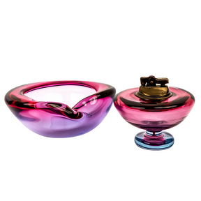 Vintage Alfredo Barbini Murano Glass Alexandrite Ashtray & Pedestal Table Lighter Set - Ruby Blue