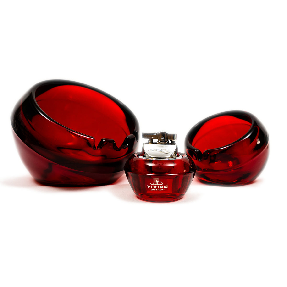 Vintage Viking Glass Orb Ashtray & Table Lighter Set - Ruby Red