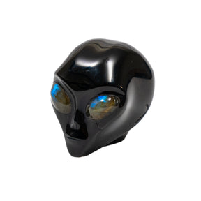 Imperfect Black Obsidian Mini Crystal Alien w/ Labradorite Eyes - Hand Carved 2" Healing Crystal Reiki Chakra Star Being Stone