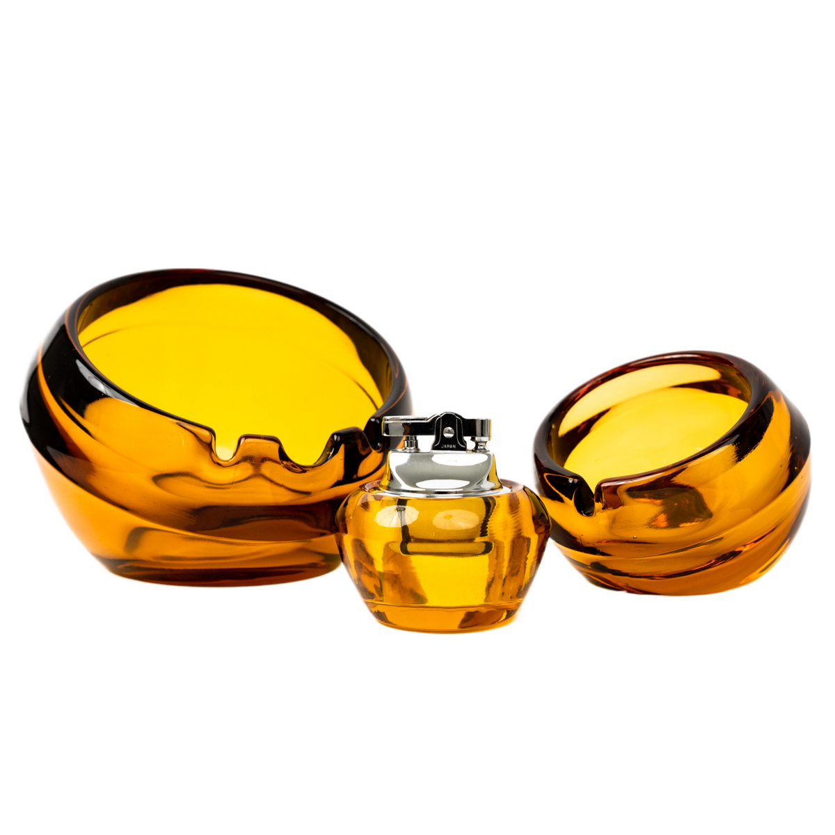 Vintage Viking Glass Orb Ashtray & Table Lighter Set - Amber
