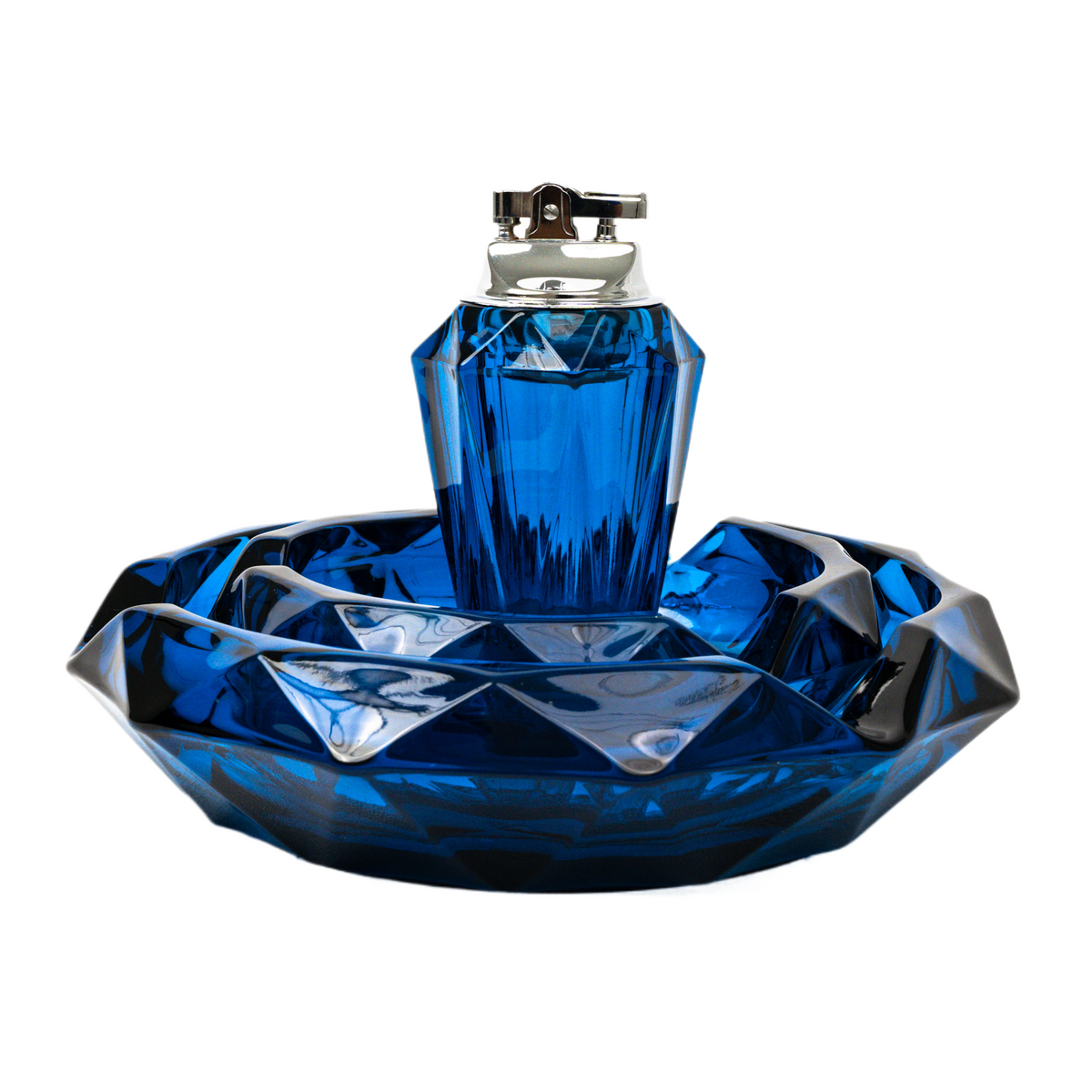Vintage Viking Glass Diamond Pointed Ashtray & Table Lighter Set - Bluenique