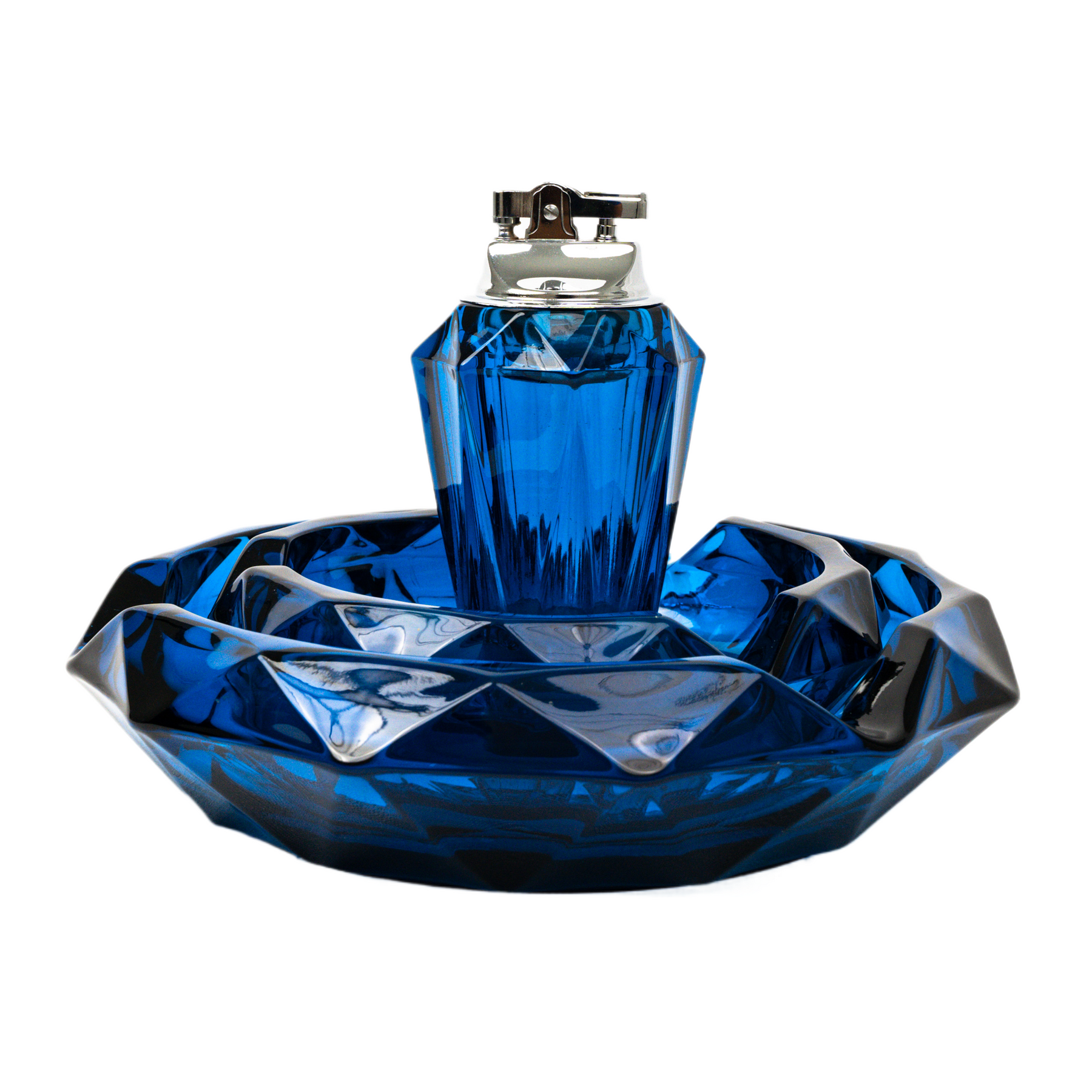 Vintage Viking Glass Diamond Pointed Ashtray & Table Lighter Set - Bluenique