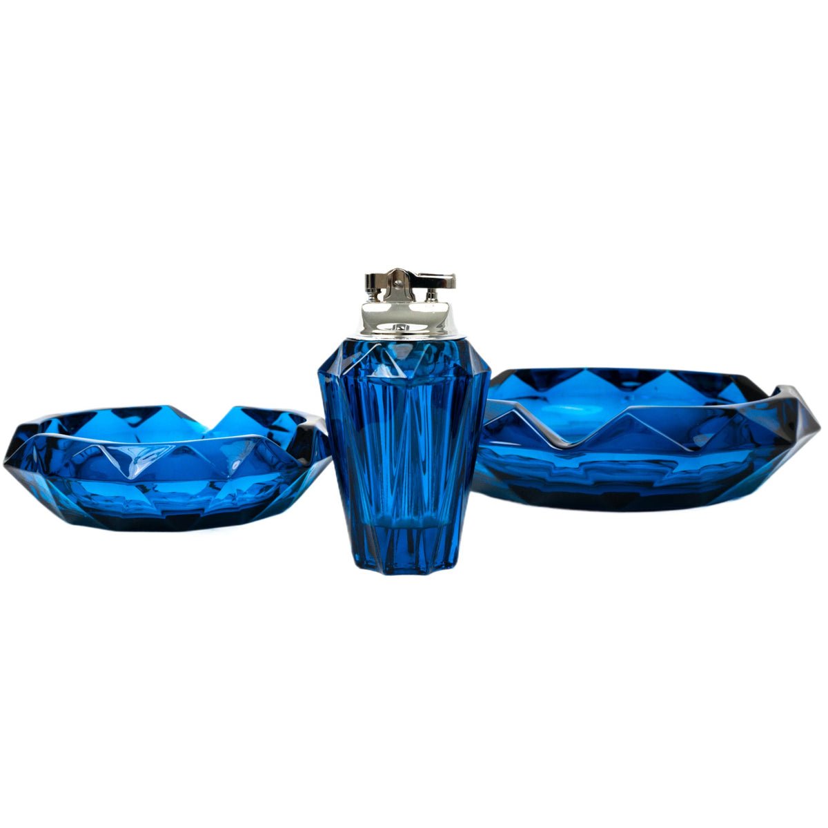 Vintage Viking Glass Diamond Pointed Ashtray & Table Lighter Set - Bluenique