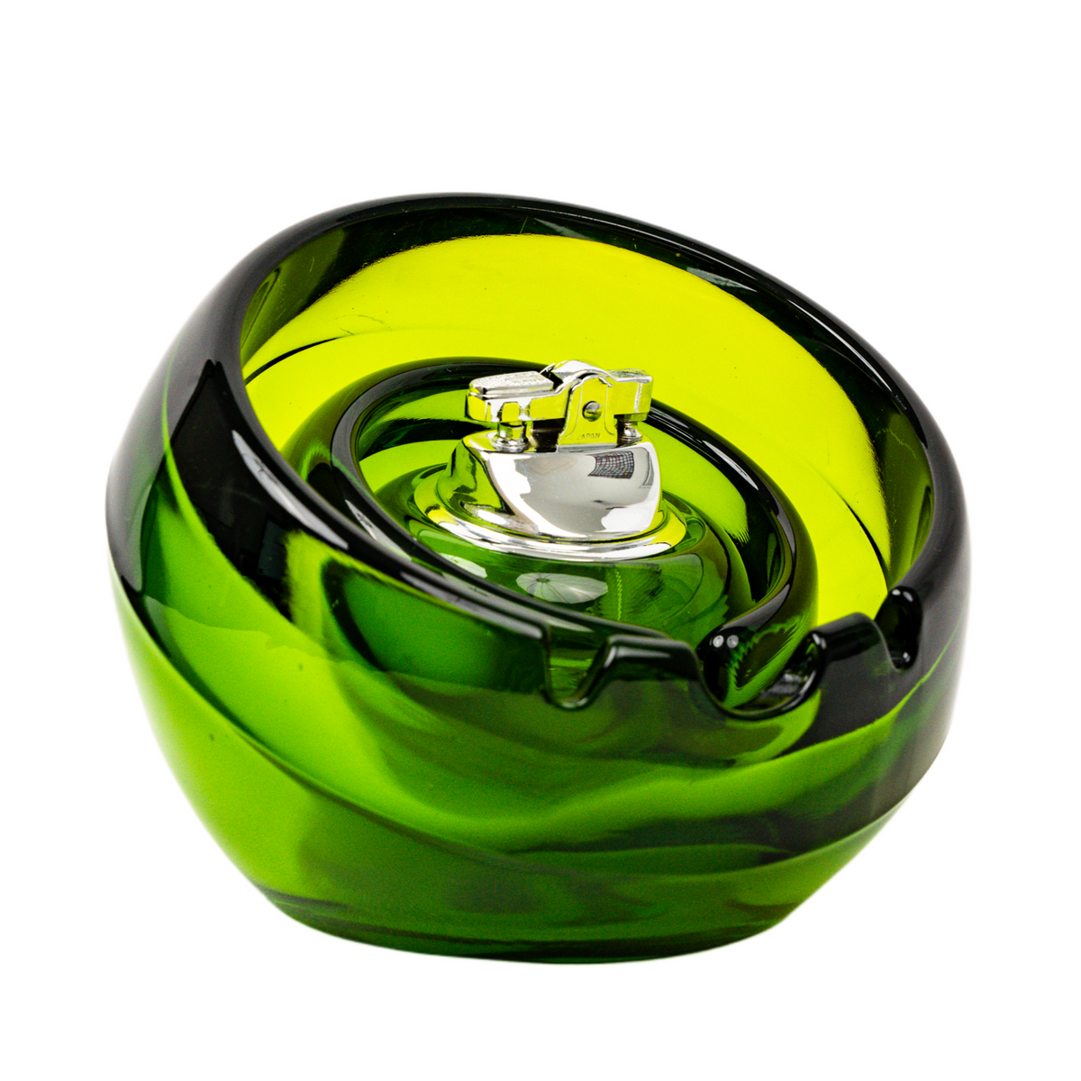 Vintage Viking Glass Orb Ashtray & Table Lighter Set - Avocado Green