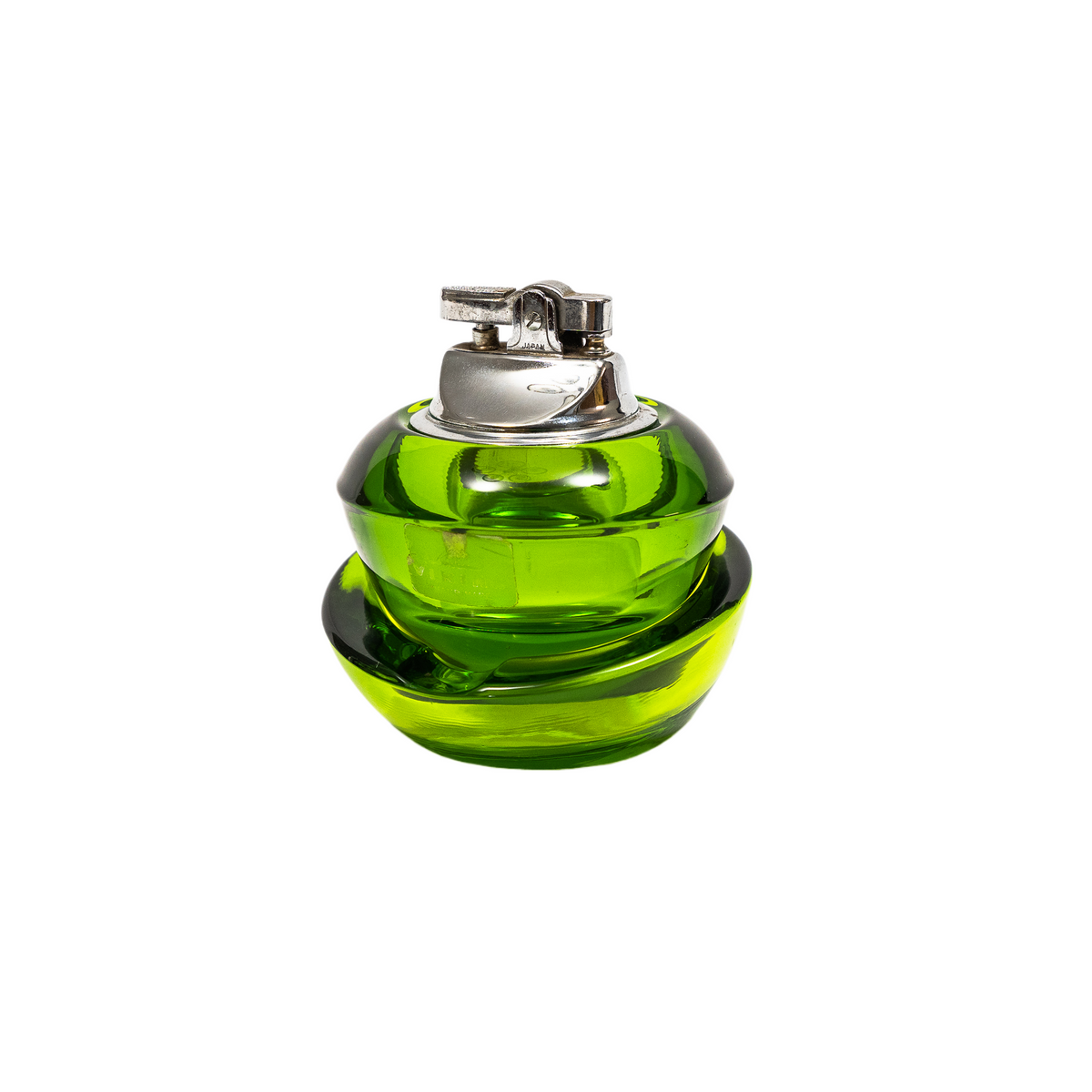 Vintage Viking Glass Horseshoe Slant Ashtray & Table Lighter Set - Avocado Green