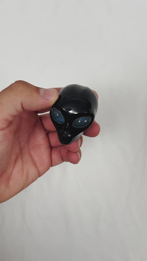Black Obsidian Mini Crystal Alien w/ Labradorite Eyes - Hand Carved 2" Healing Crystal Reiki Chakra Star Being Stone