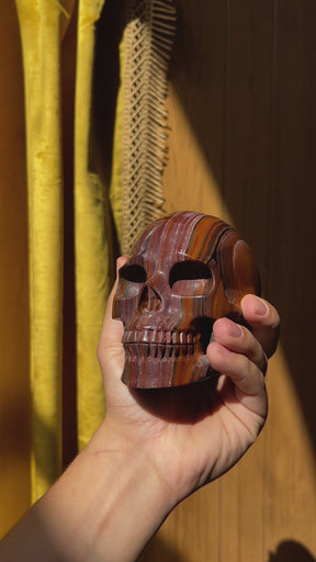 Red Iron Tigers Eye Quartz Crystal Skull - Large Hand Carved 5" Reiki, Chakra Healing Stone Skull