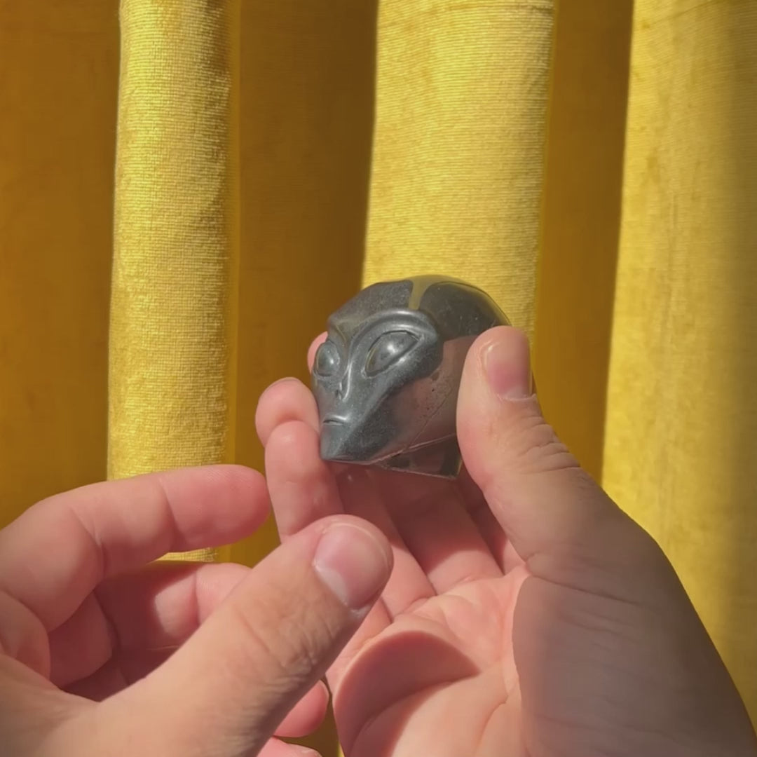 Hematite Crystal Alien - 2" Hand Carved Crystal Skull