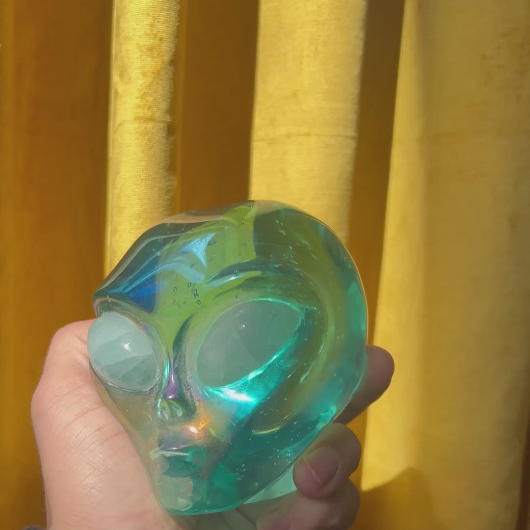 Electroplated Blue Obsidian Glass Natural Aquamarine Eyes Crystal Alien - 4" Large Crystal Skull
