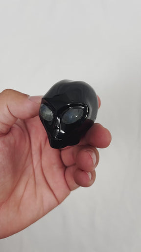 Black Obsidian Mini Crystal Alien w/ Labradorite Eyes - Hand Carved 2" Healing Crystal Reiki Chakra Star Being Stone