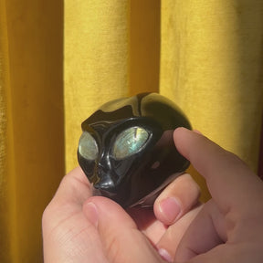 Imperfect Black Obsidian Crystal Alien Labradorite Eyes - 2.8" Hand Carved Crystal Skull