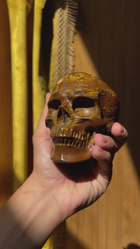 Iron Tigers Eye Quartz Crystal Skull - Large Hand Carved 5" Reiki, Chakra Healing Stone Skull