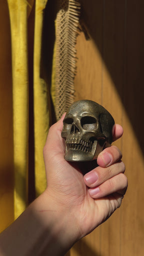 Gold Iron Pyrite Crystal Skull - Hand Carved 3.5" Reiki, Chakra Healing Crystal Skull Stone