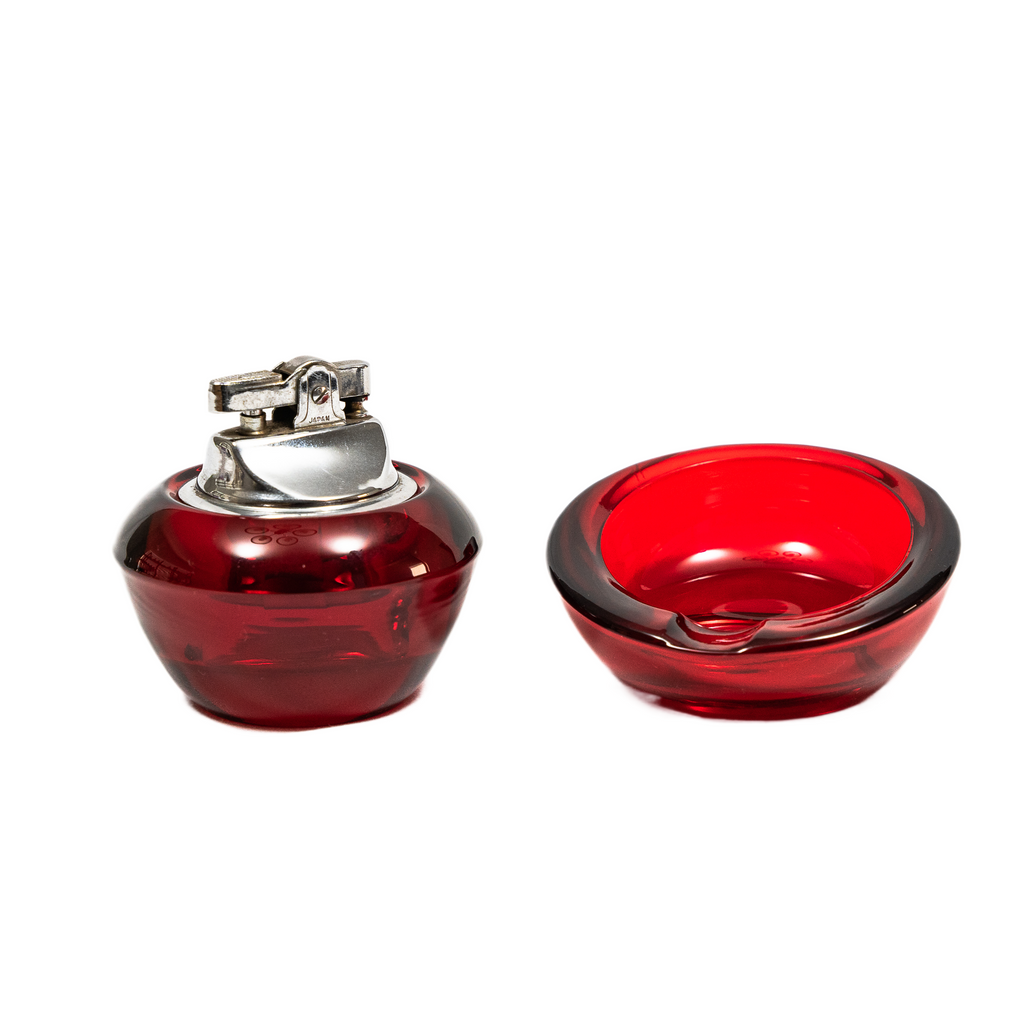 Vintage Viking Glass Horseshoe Slant Ashtray & Table Lighter Set - Rub