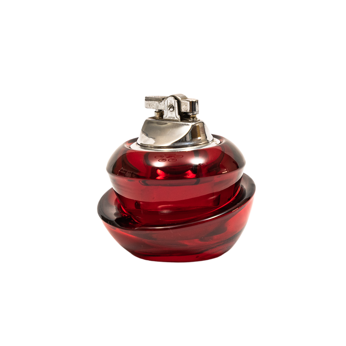 Vintage Viking Glass Horseshoe Slant Ashtray & Table Lighter Set - Ruby Red