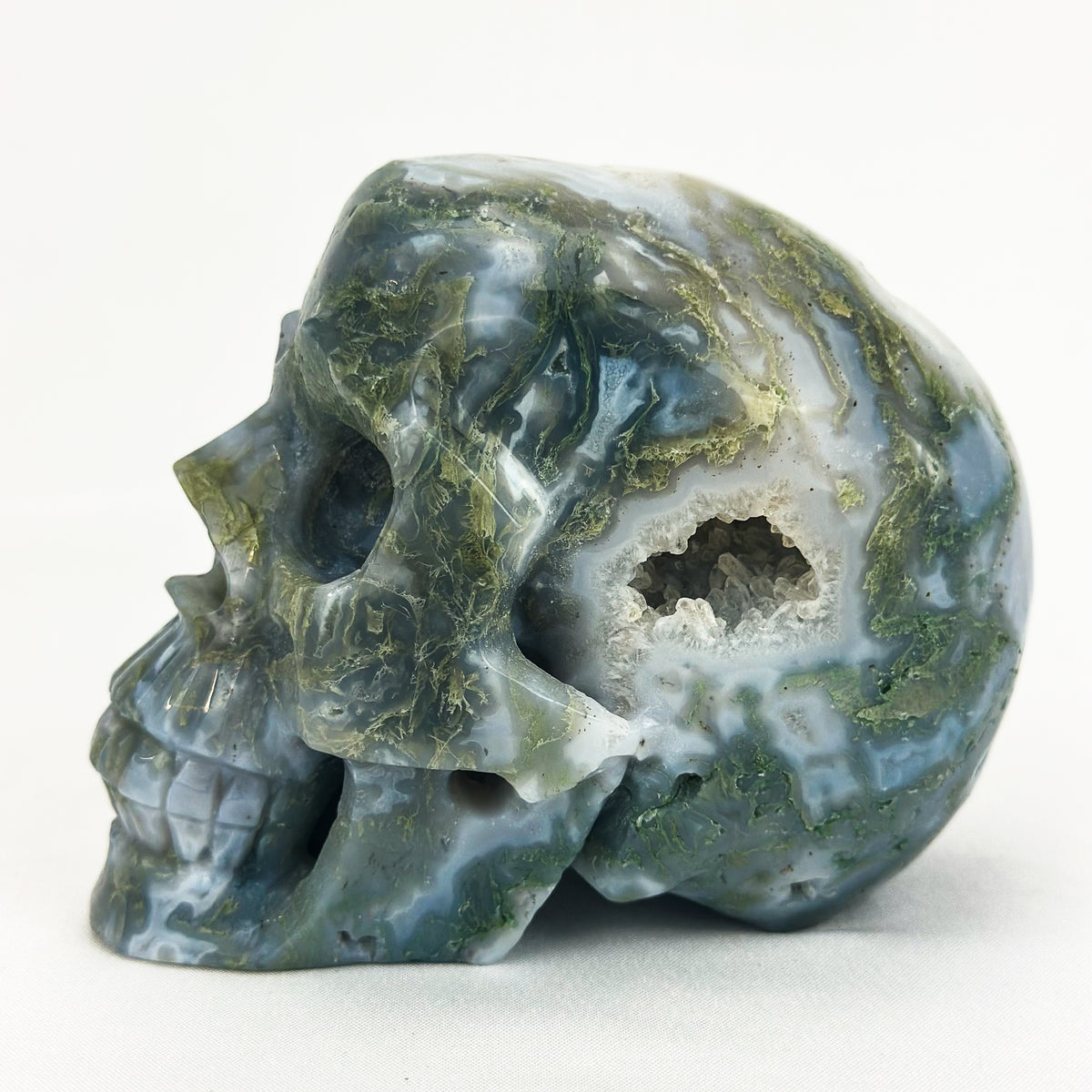 Druzy Moss Agate 4.5" Crystal Skull - RARE