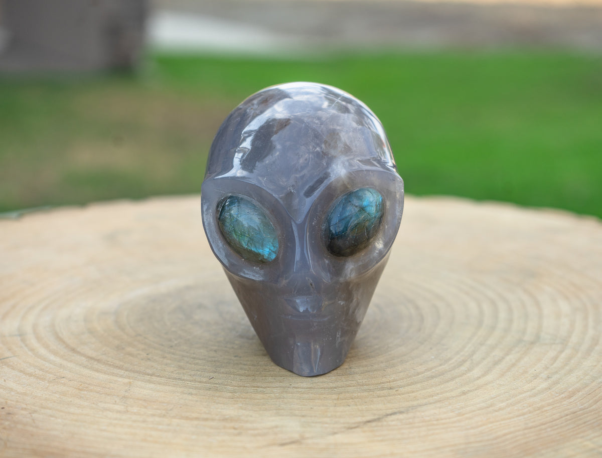 Blue Rose Quartz 4" Crystal Alien with Labradorite Eyes - RARE
