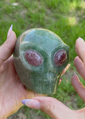 Green Strawberry Quartz 4" Crystal Alien with Red Strawberry Quartz Eyes - RARE