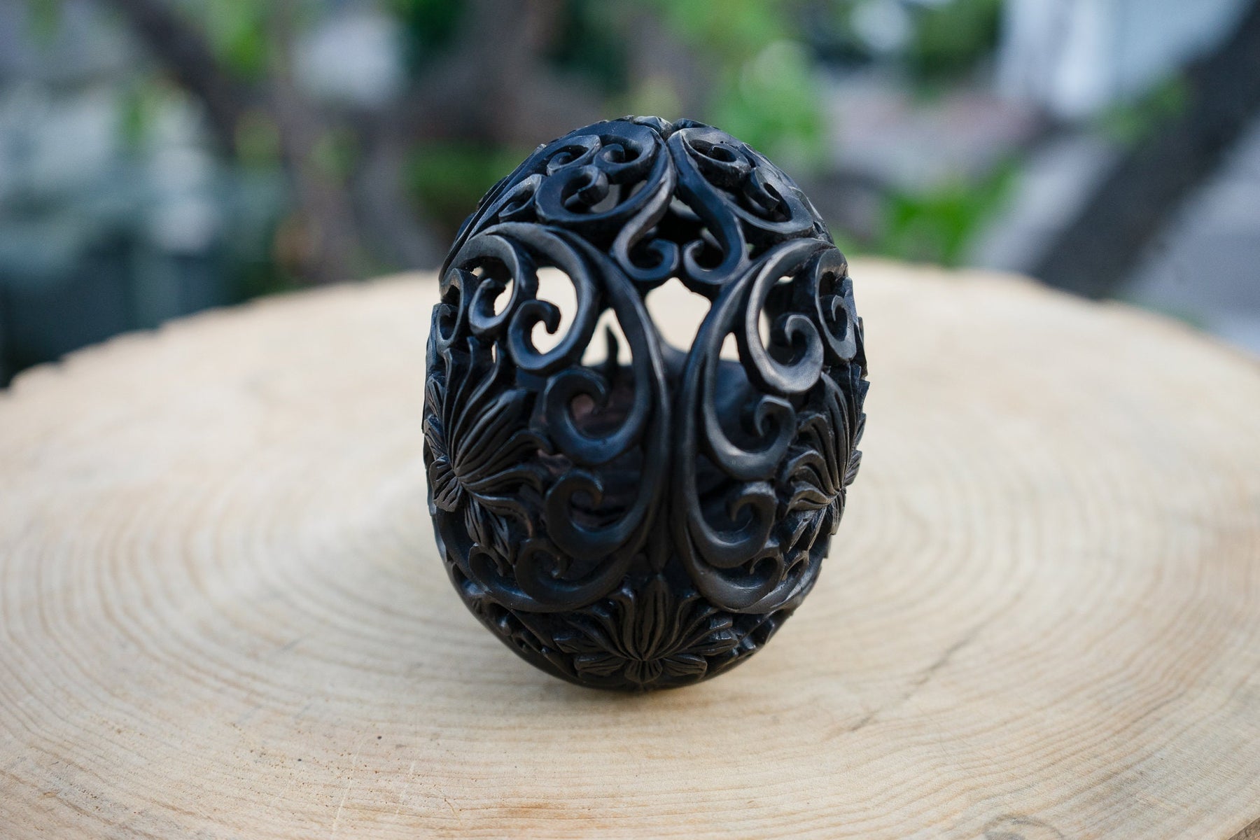 Black Ebony 4.75" Wood Skull - Lotus Pattern