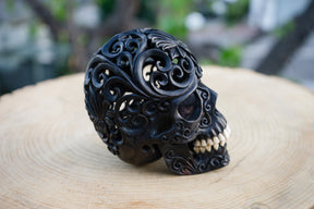 Black Ebony 4.75" Wood Skull - Lotus Pattern