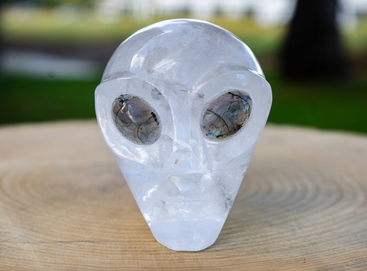 High Quality Clear Quartz 4" Crystal Alien with Labradorite Eyes