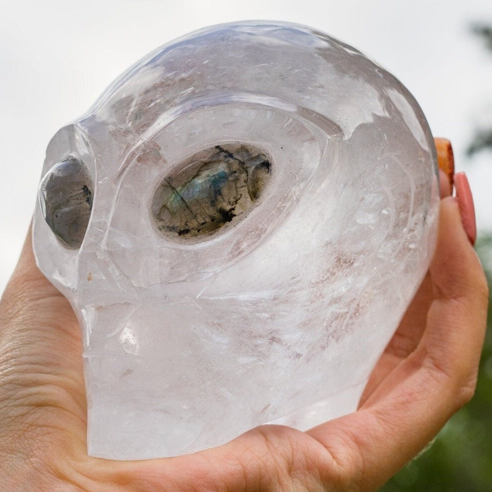 High Quality Clear Quartz 4" Crystal Alien with Labradorite Eyes